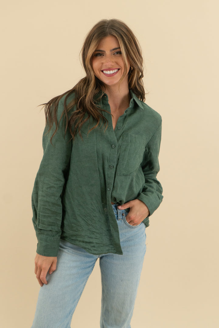 mng green linen button down (s)