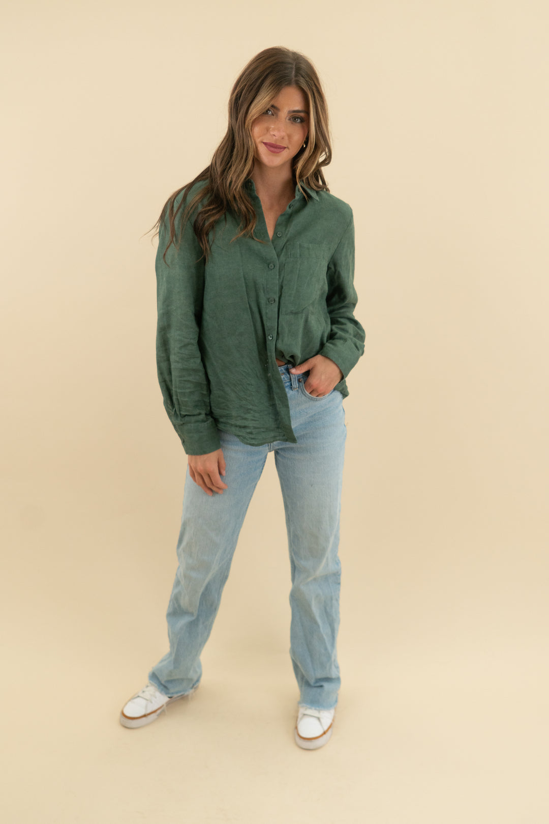 mng green linen button down (s)