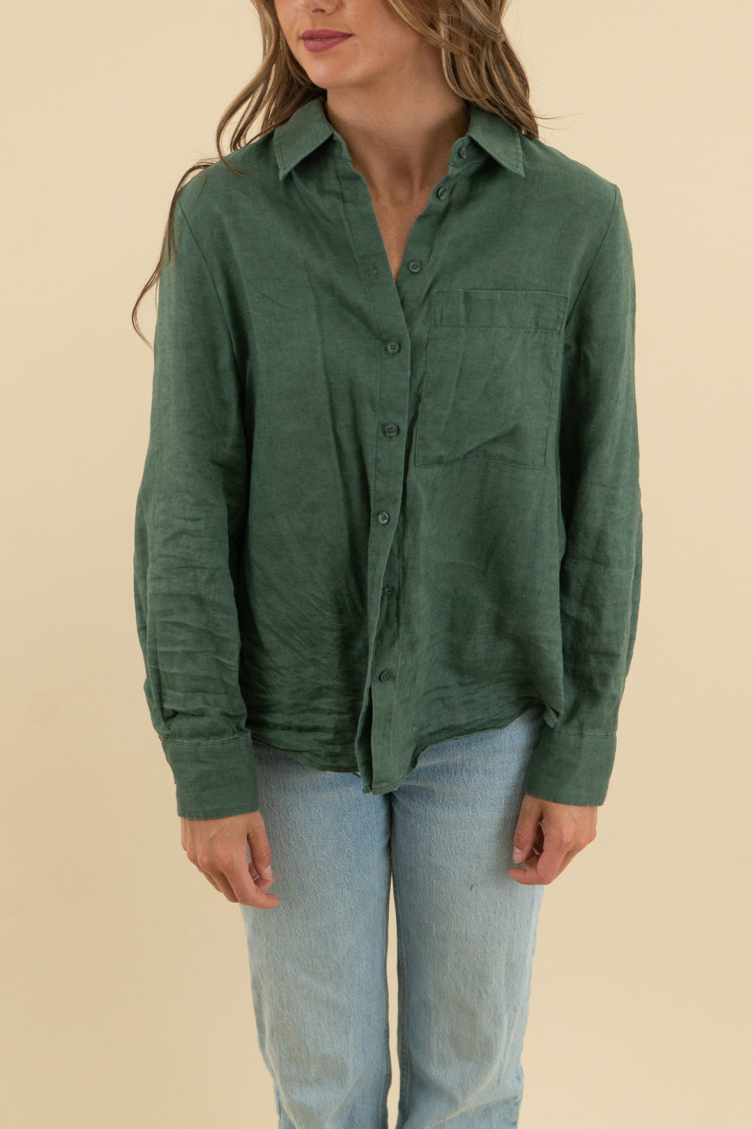 mng green linen button down (s)