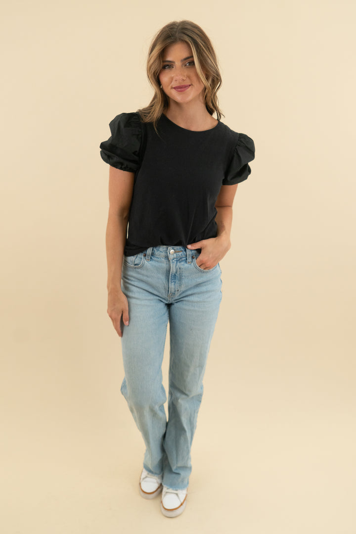 h&m black puff sleeve short sleeve top (s)