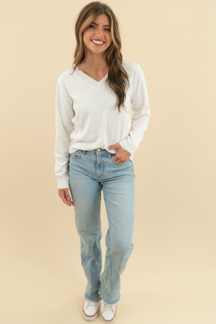 jj perfection white v neck long sleeve knit top (m)