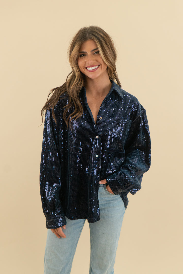 french paris maelle blouse blue sequin marine nwt (m; retail $108)