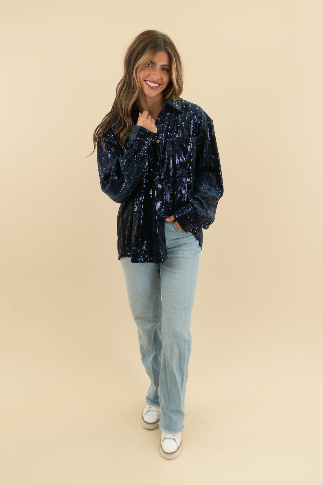 french paris maelle blouse blue sequin marine nwt (m; retail $108)