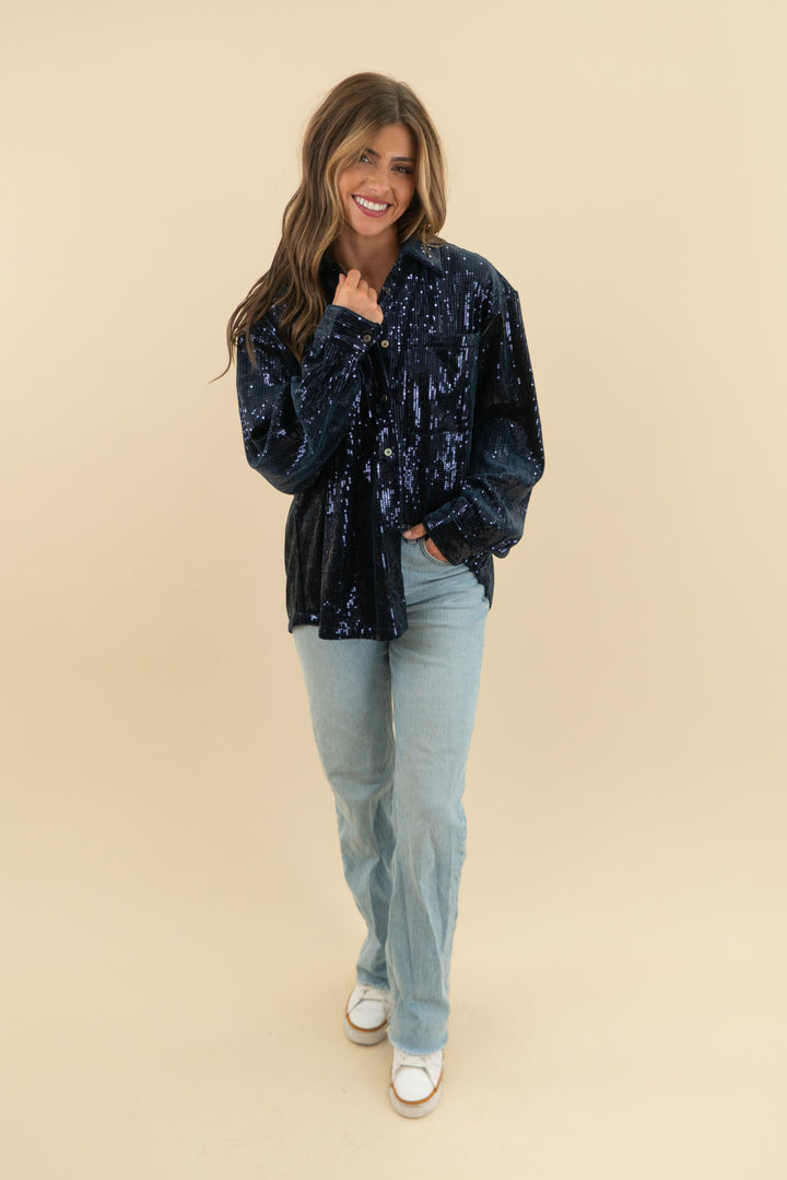 french paris maelle blouse blue sequin marine nwt (m; retail $108)