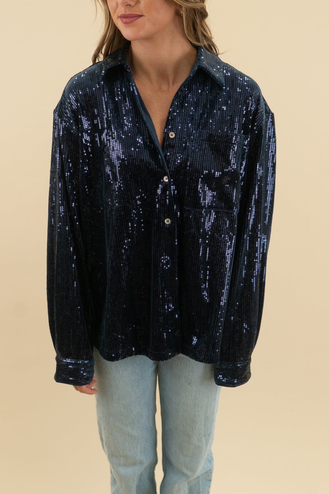 french paris maelle blouse blue sequin marine nwt (m; retail $108)