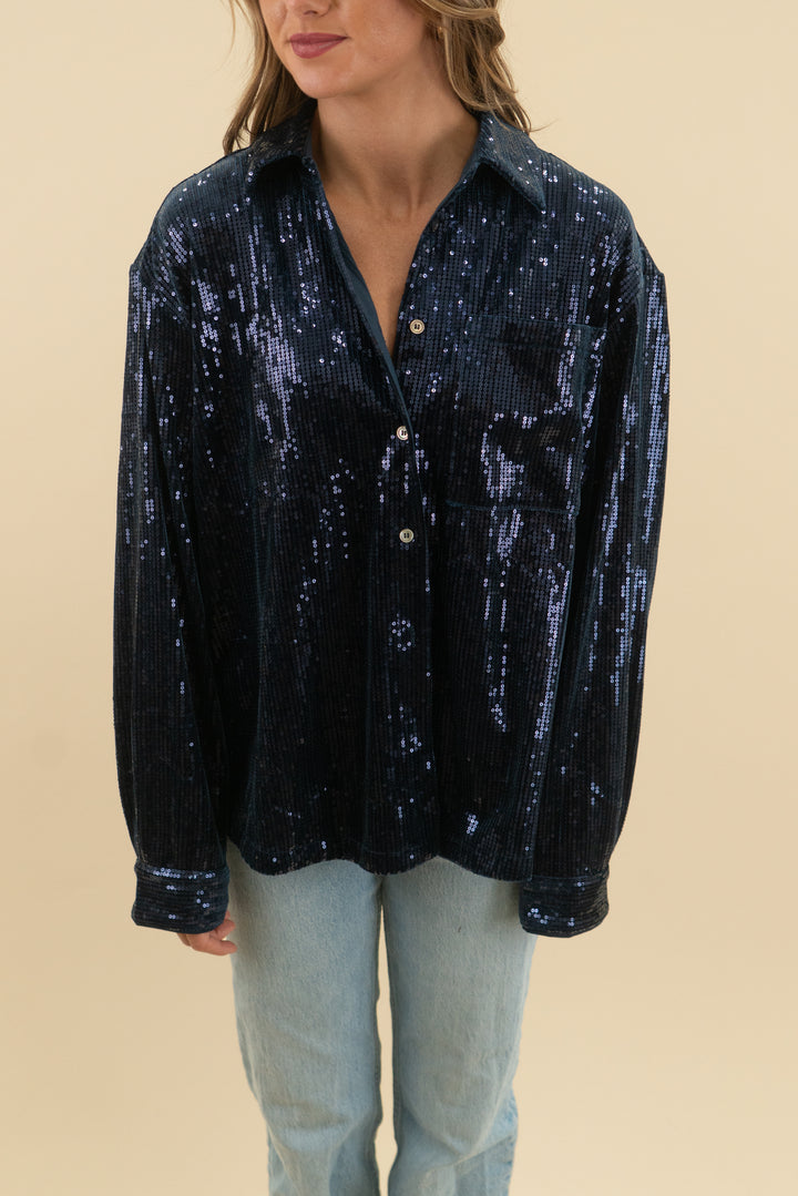 french paris maelle blouse blue sequin marine nwt (m; retail $108)