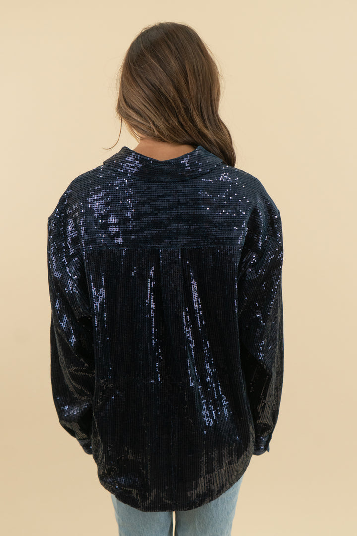french paris maelle blouse blue sequin marine nwt (m; retail $108)