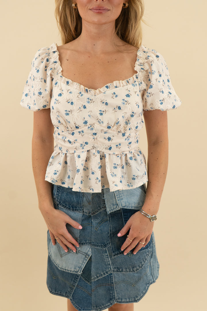 altar'd state cream and blue floral top (s)