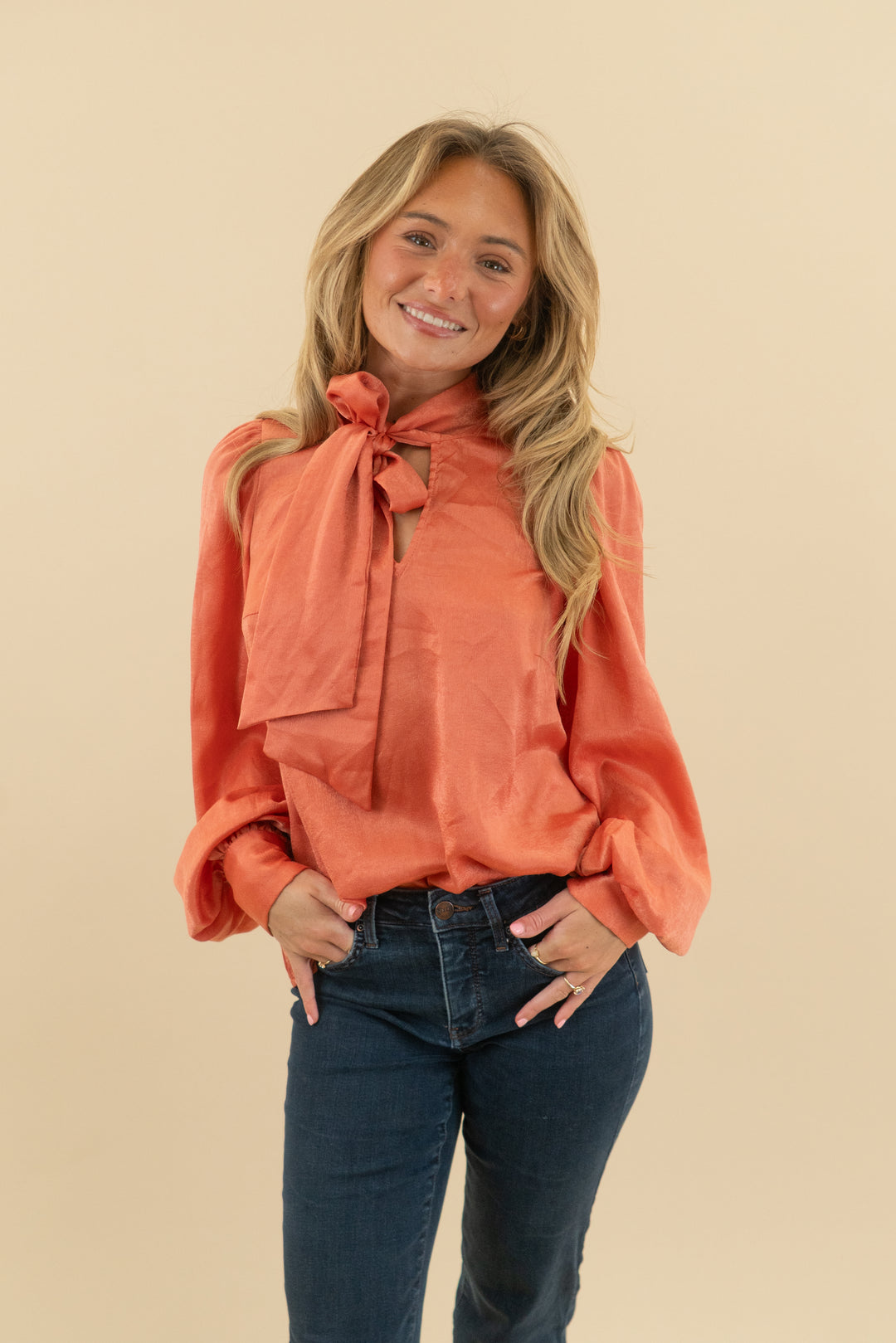 aura orange tie collar blouse (xs)