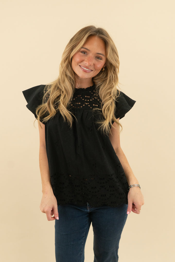 time & tru black eyelet top (m)