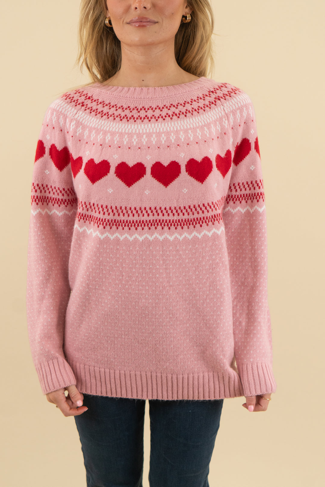 pink and red knit heart sweater (m)