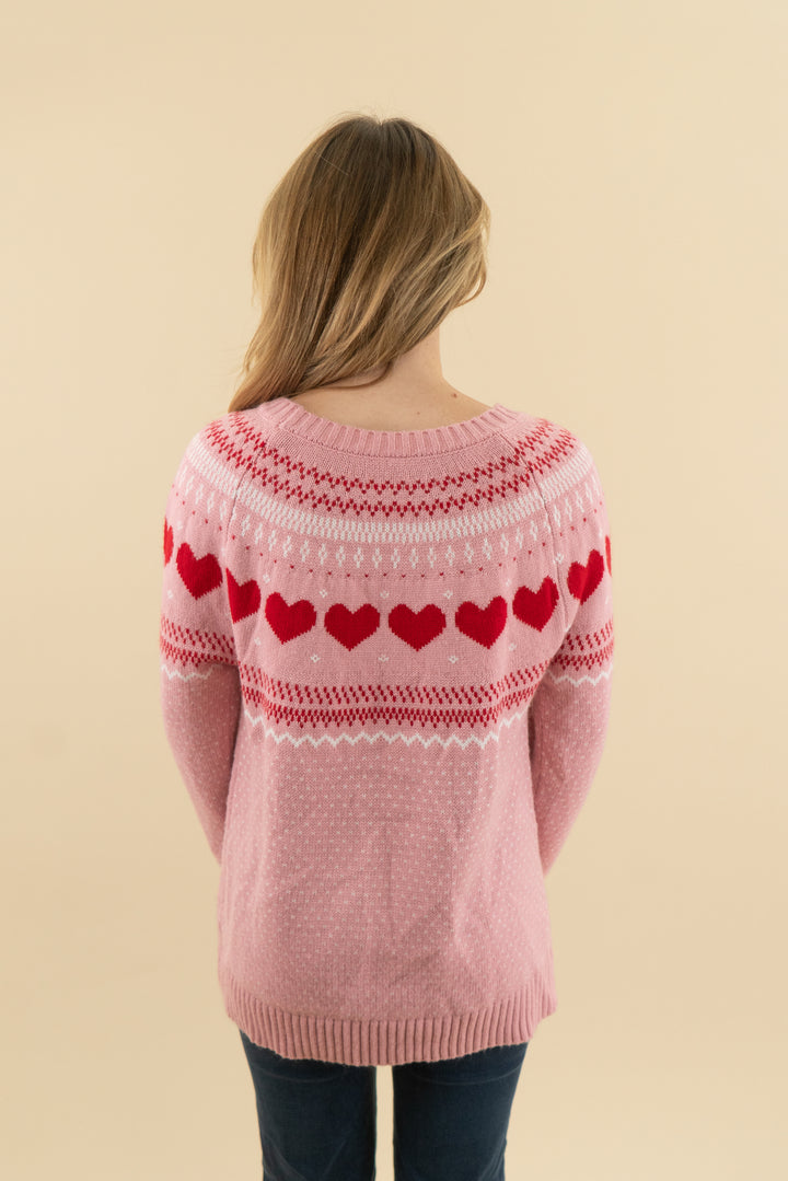 pink and red knit heart sweater (m)