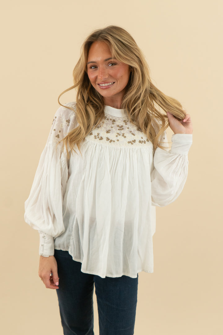 free people white long sleeve dainty bead floral top (xs)