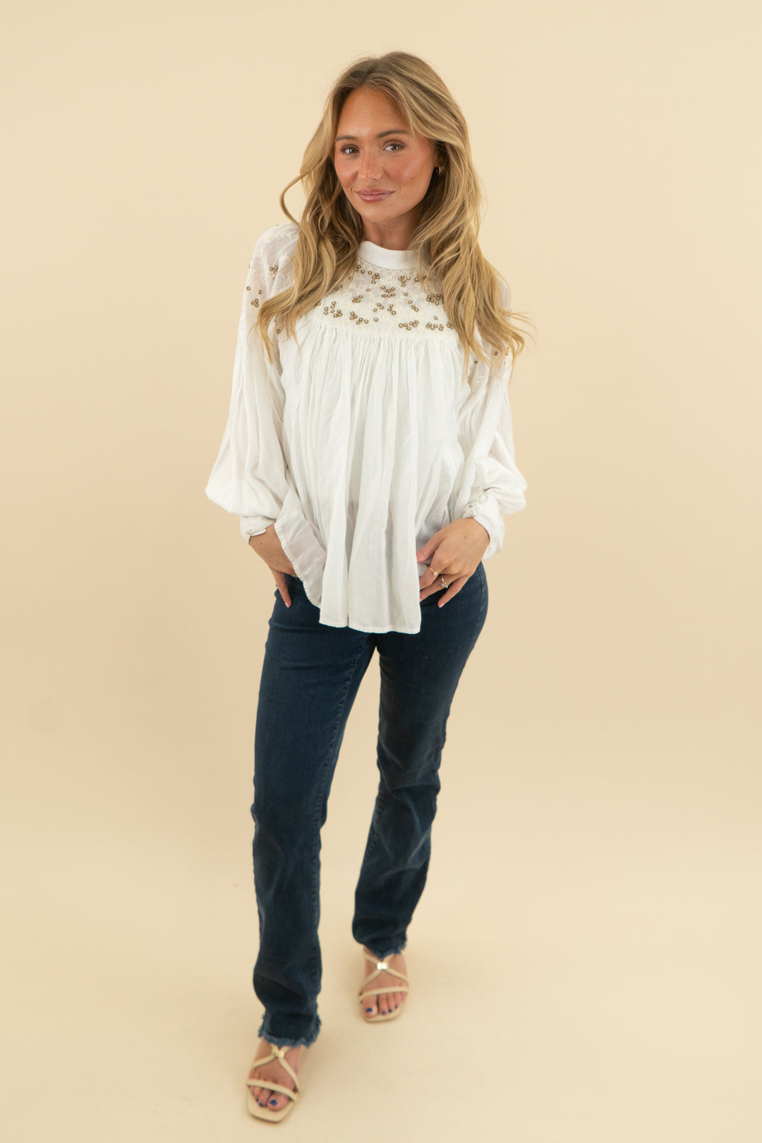 free people white long sleeve dainty bead floral top (xs)