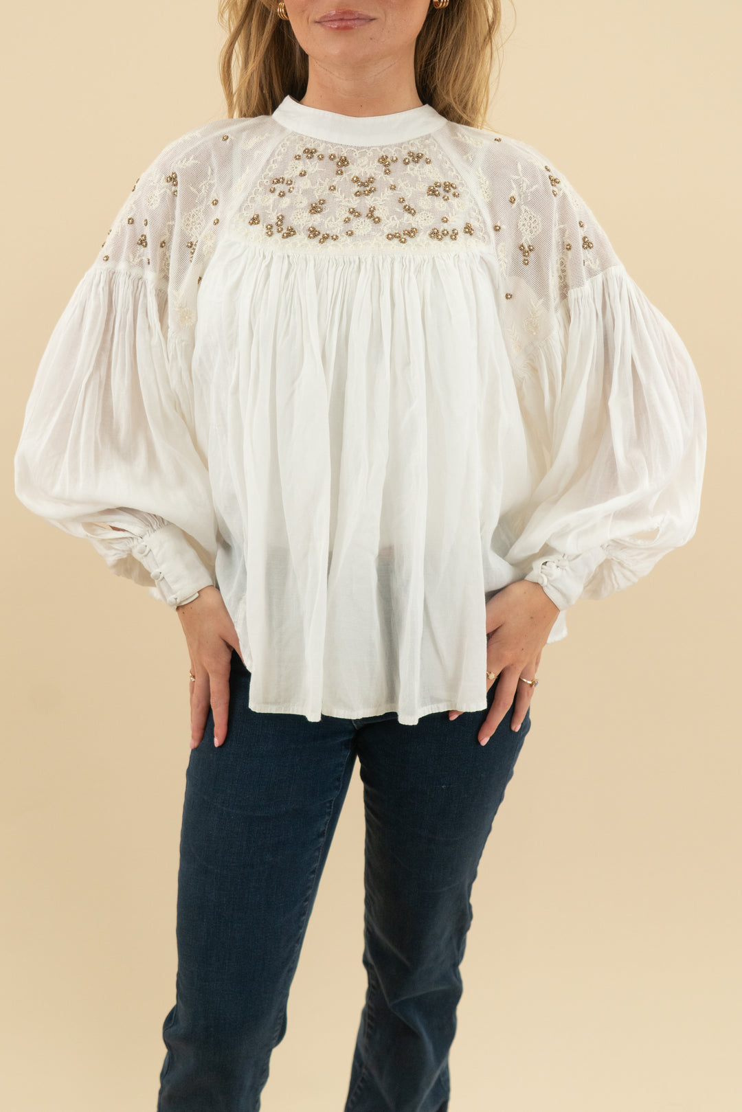 free people white long sleeve dainty bead floral top (xs)