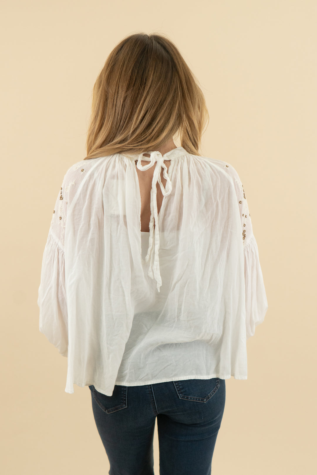 free people white long sleeve dainty bead floral top (xs)