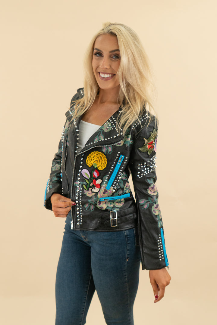 azalea wang embroidered vegan leather jacket (s; retail $109)