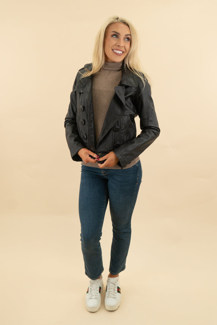 mike & chris black vegan leather jacket (s; retail $280)