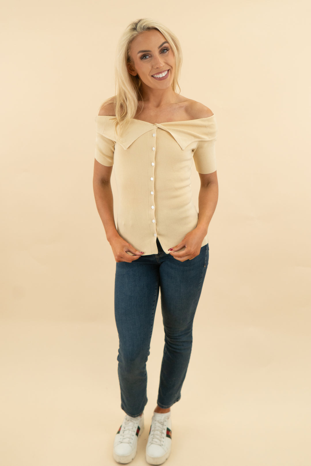 lovi boutique yellow off shoulder knit top nwt (XS; retail $75)