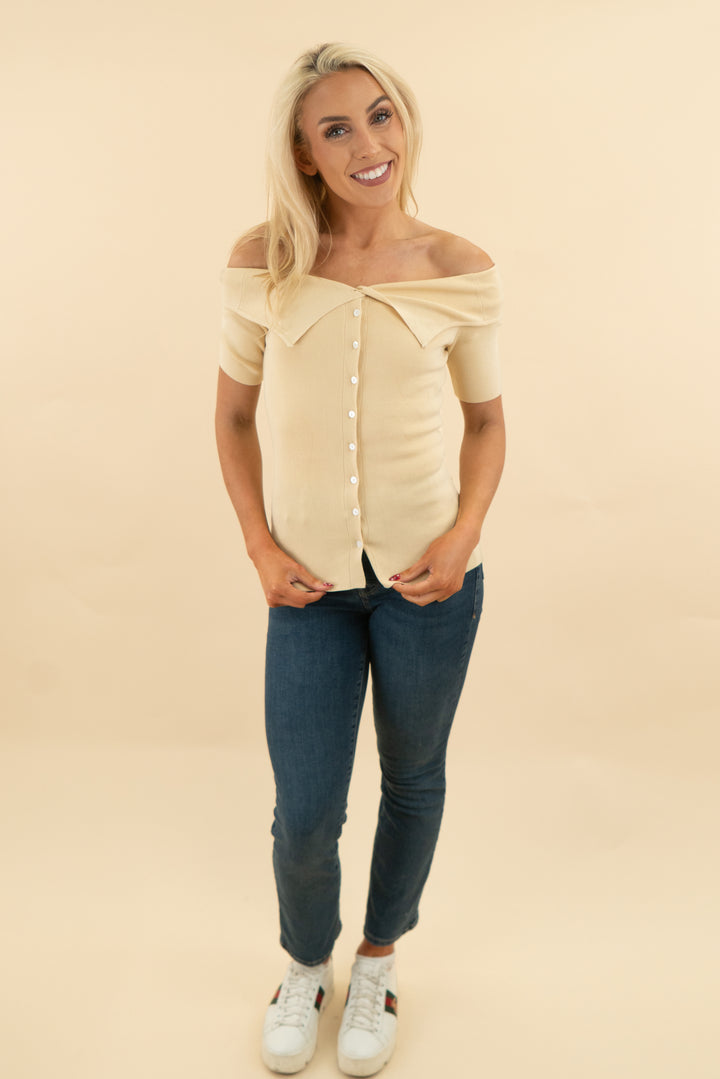 lovi boutique yellow off shoulder knit top nwt (XS; retail $75)