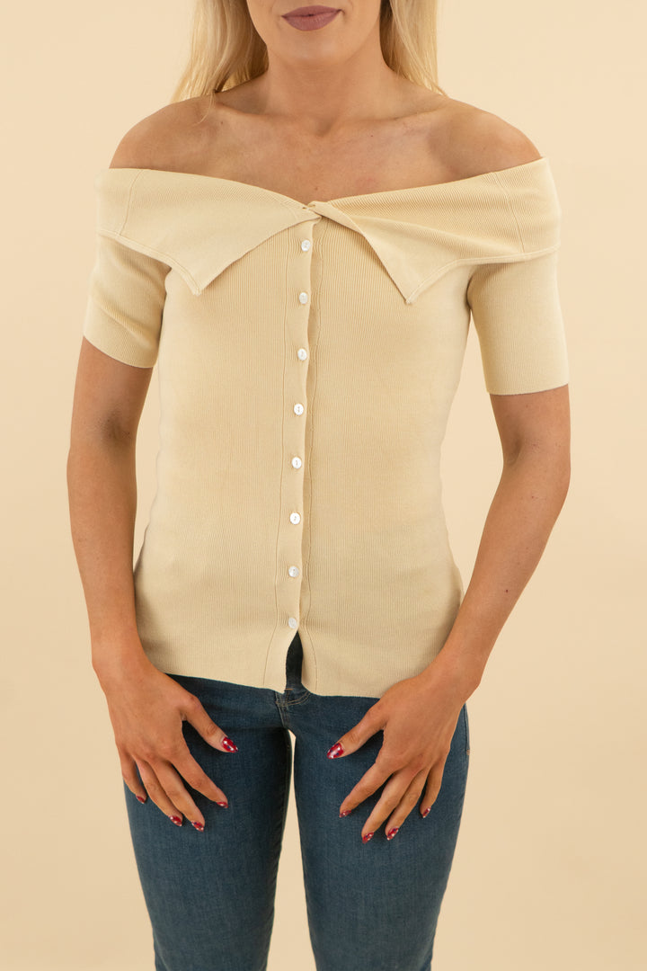 lovi boutique yellow off shoulder knit top nwt (XS; retail $75)