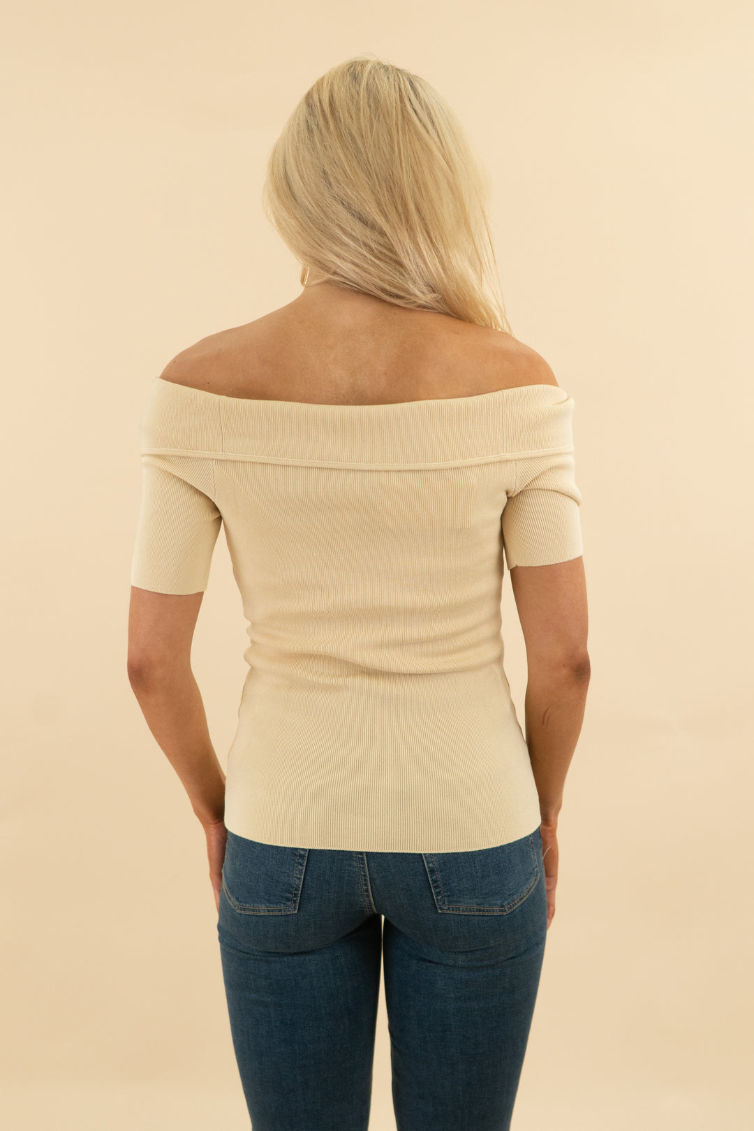 lovi boutique yellow off shoulder knit top nwt (XS; retail $75)