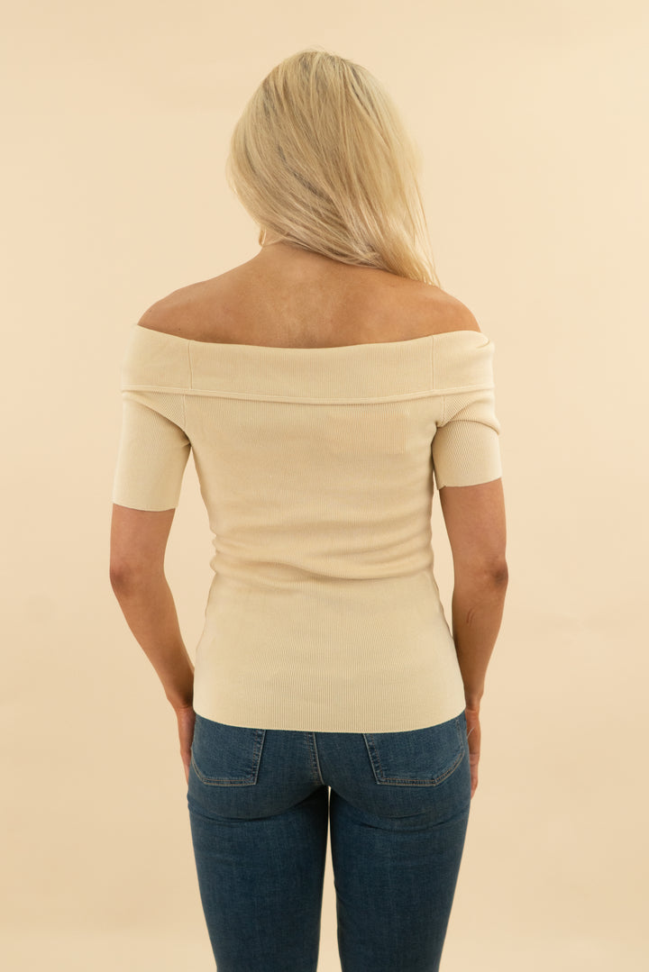 lovi boutique yellow off shoulder knit top nwt (XS; retail $75)