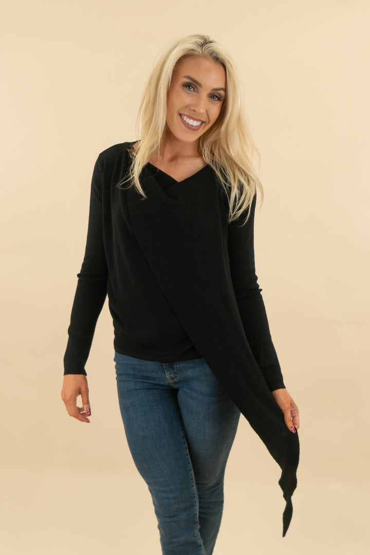 benaar black wrap neck long sleeve knit scarf top nwt (m/l; retail $135)