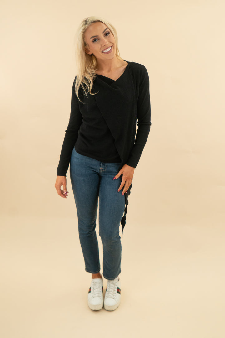 benaar black wrap neck long sleeve knit scarf top nwt (m/l; retail $135)