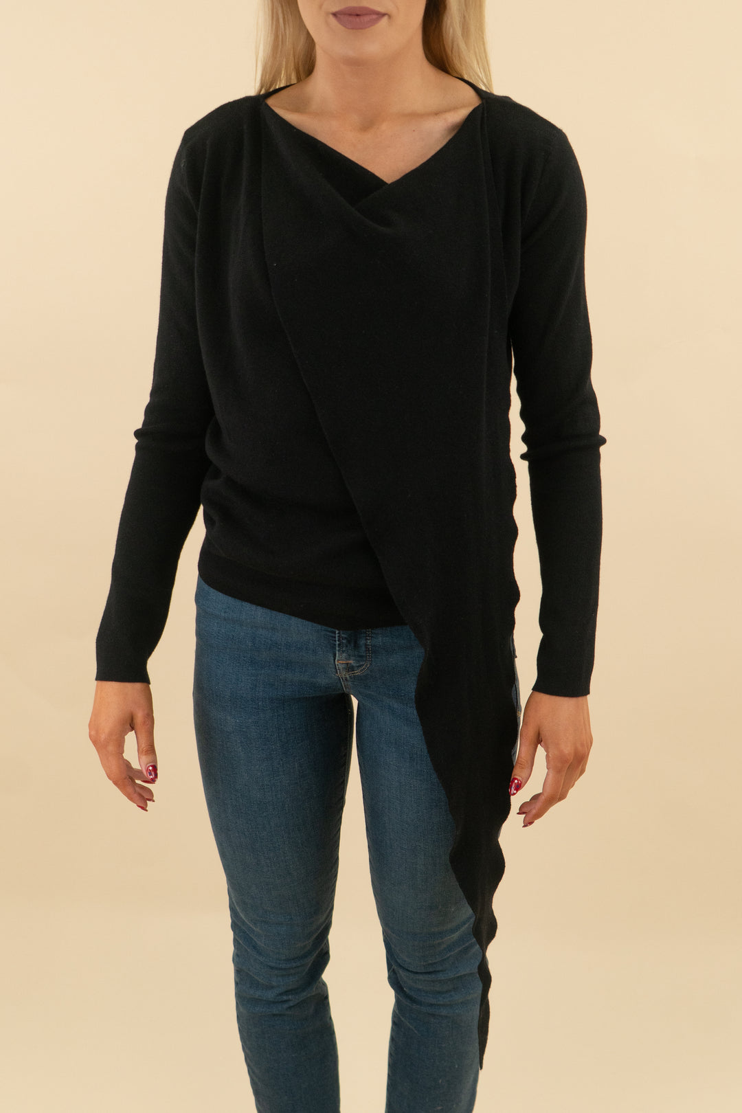 benaar black wrap neck long sleeve knit scarf top nwt (m/l; retail $135)