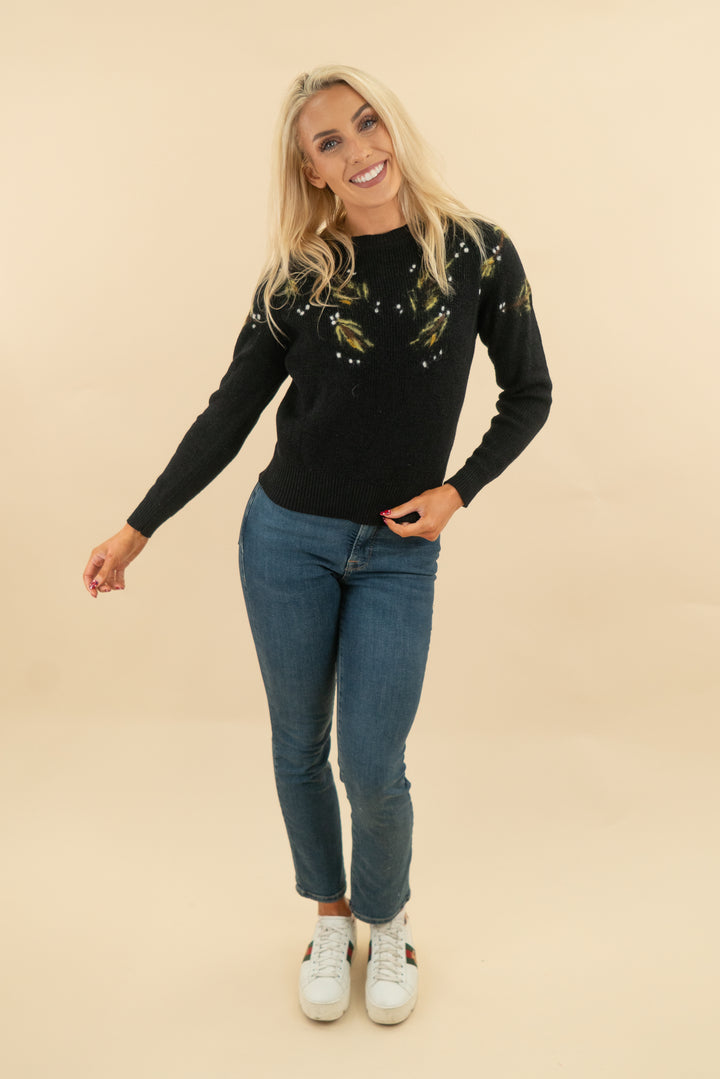 pomander black leaf patterned long sleeve sweater (xs; retail $128)