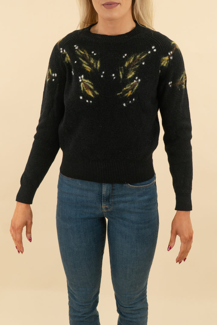 pomander black leaf patterned long sleeve sweater (xs; retail $128)