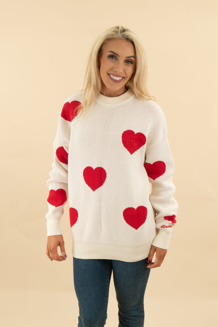 ellandemm cream red heart long sleeve sweater (s/m; retail $89)