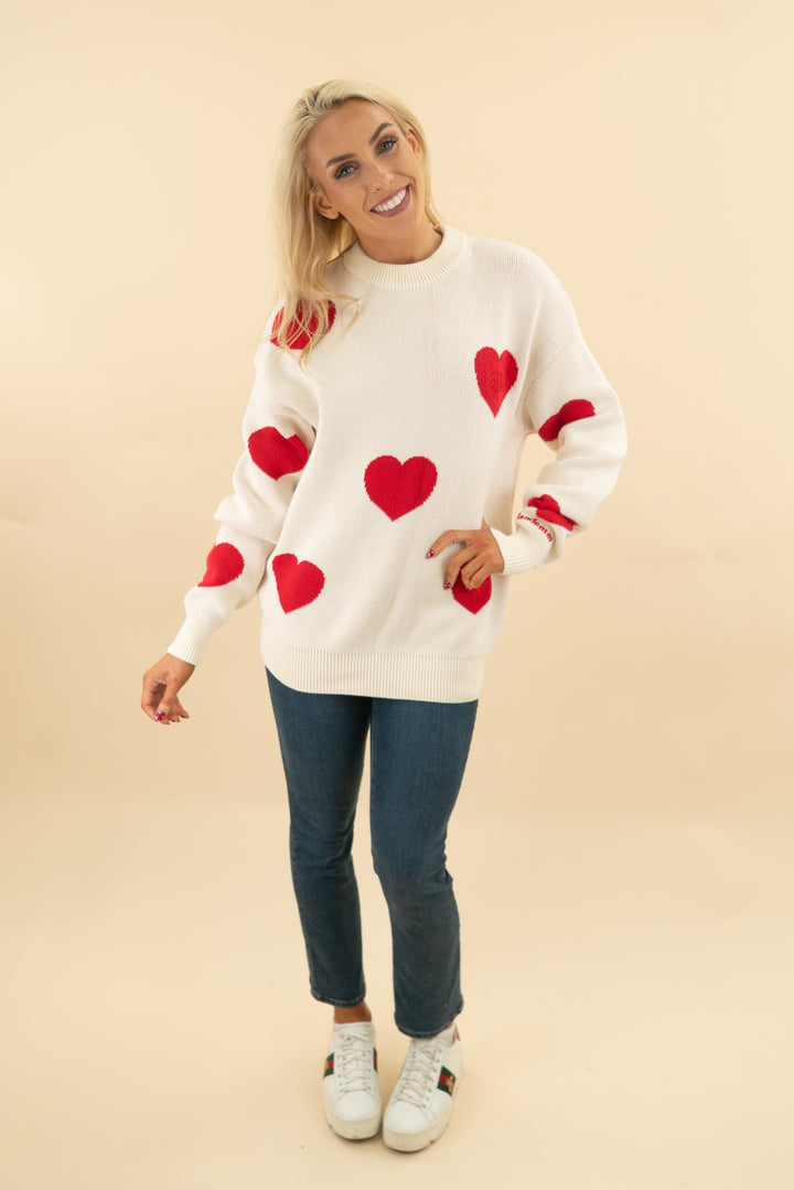 ellandemm cream red heart long sleeve sweater (s/m; retail $89)