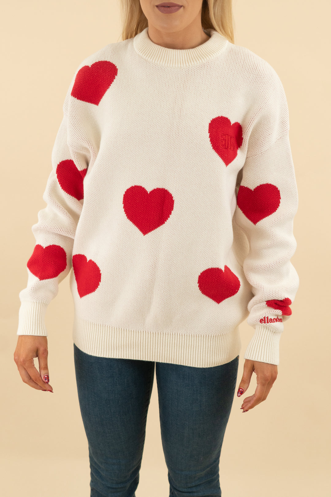 ellandemm cream red heart long sleeve sweater (s/m; retail $89)