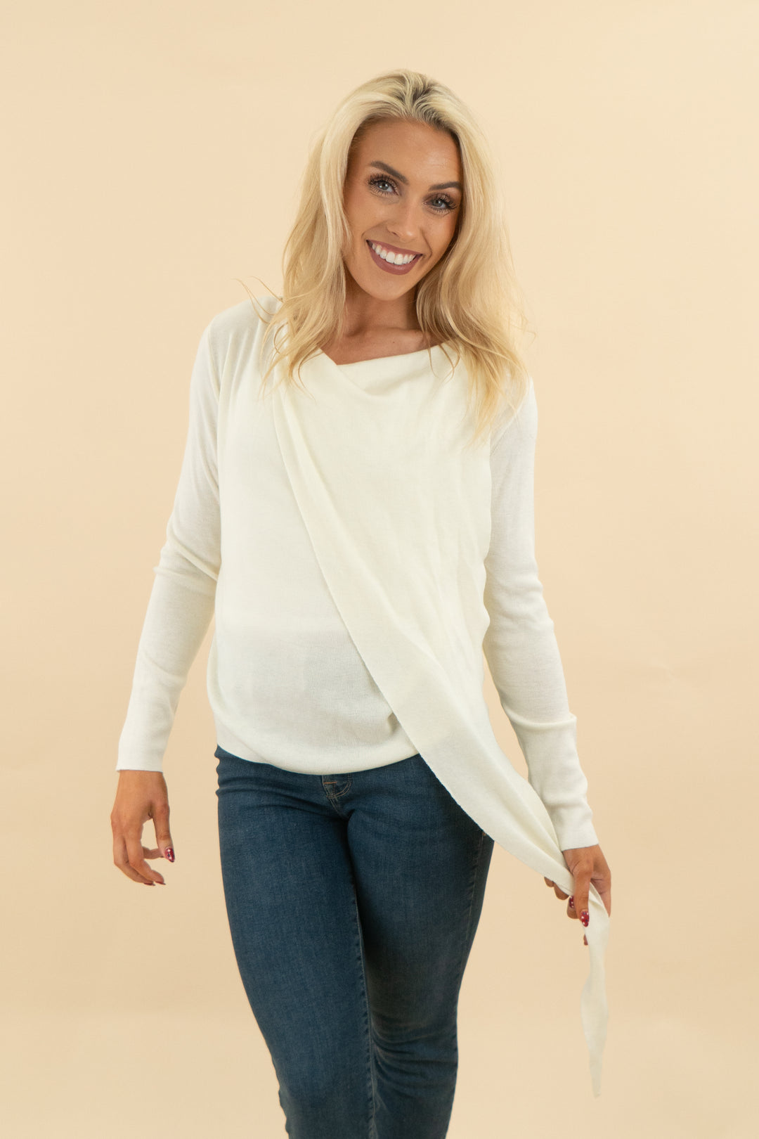 benaar cream wrap neck long sleeve knit scarf top nwt (m/l; retail $135)