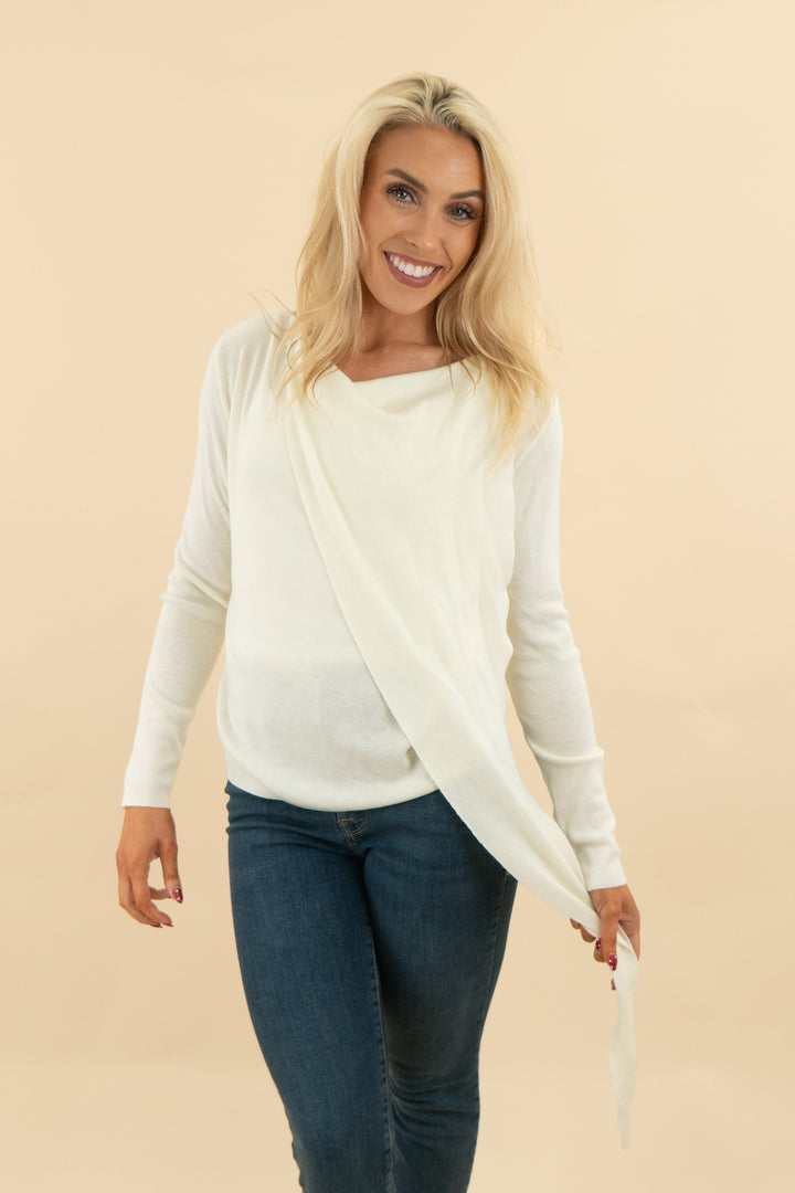 benaar cream wrap neck long sleeve knit scarf top nwt (m/l; retail $135)