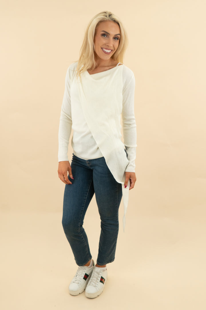 benaar cream wrap neck long sleeve knit scarf top nwt (m/l; retail $135)