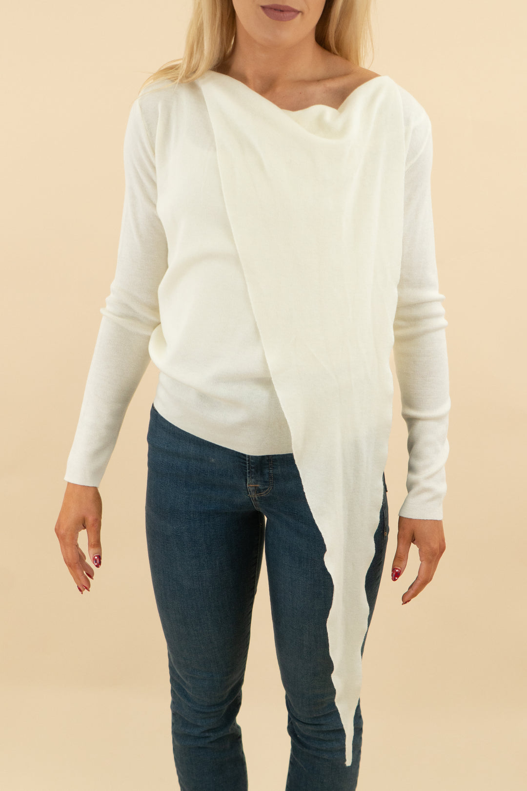 benaar cream wrap neck long sleeve knit scarf top nwt (m/l; retail $135)
