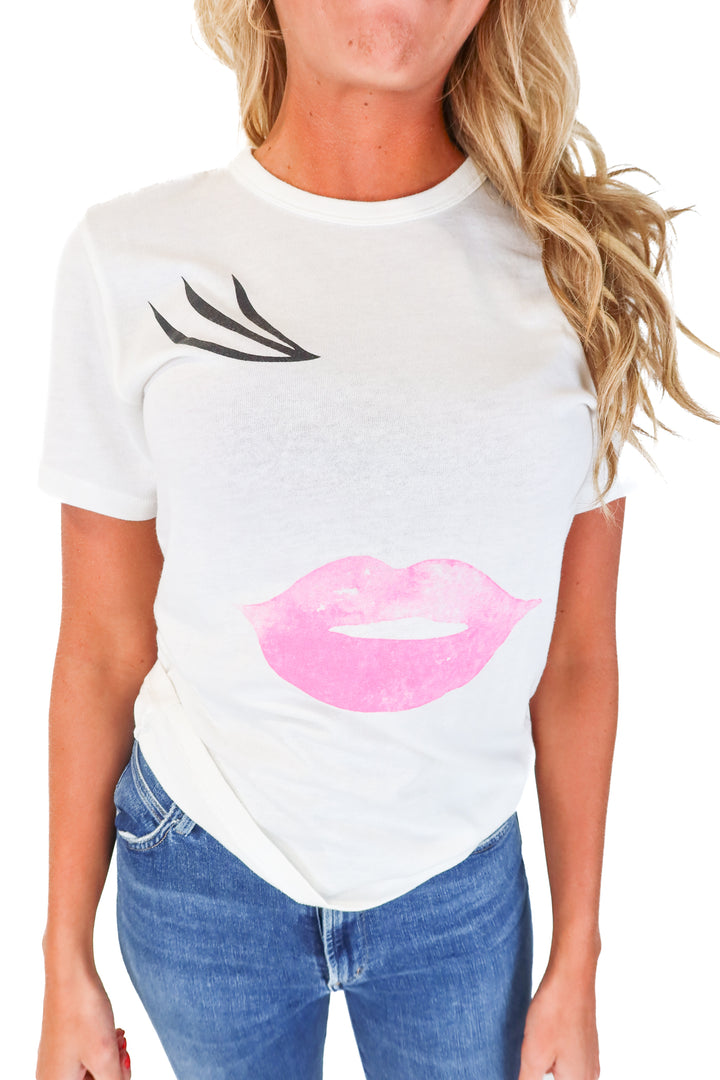 Blaine Bowen White Eyelash and Lips Graphic Tee (S)