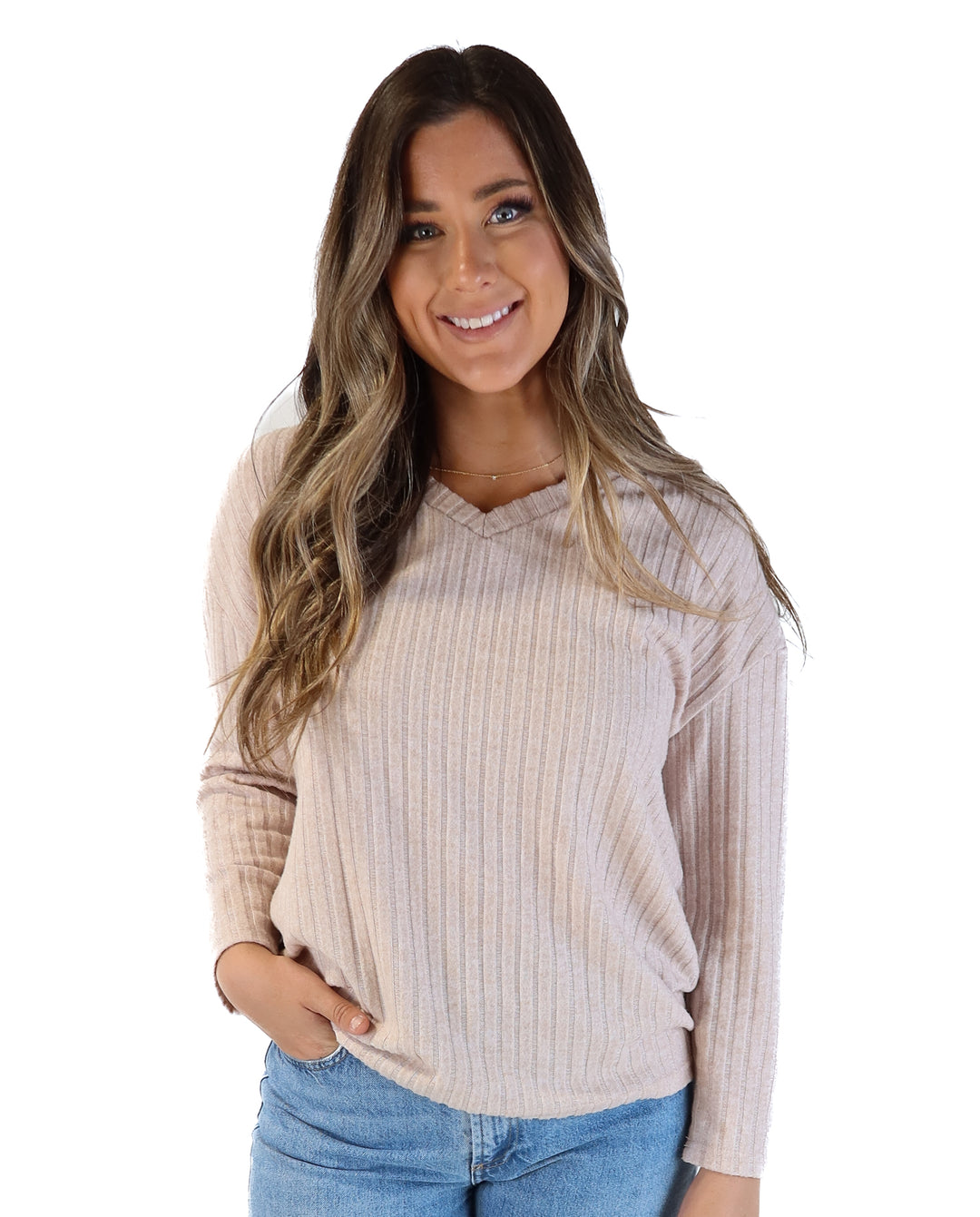 Beige ribbed long sleeve top (m)
