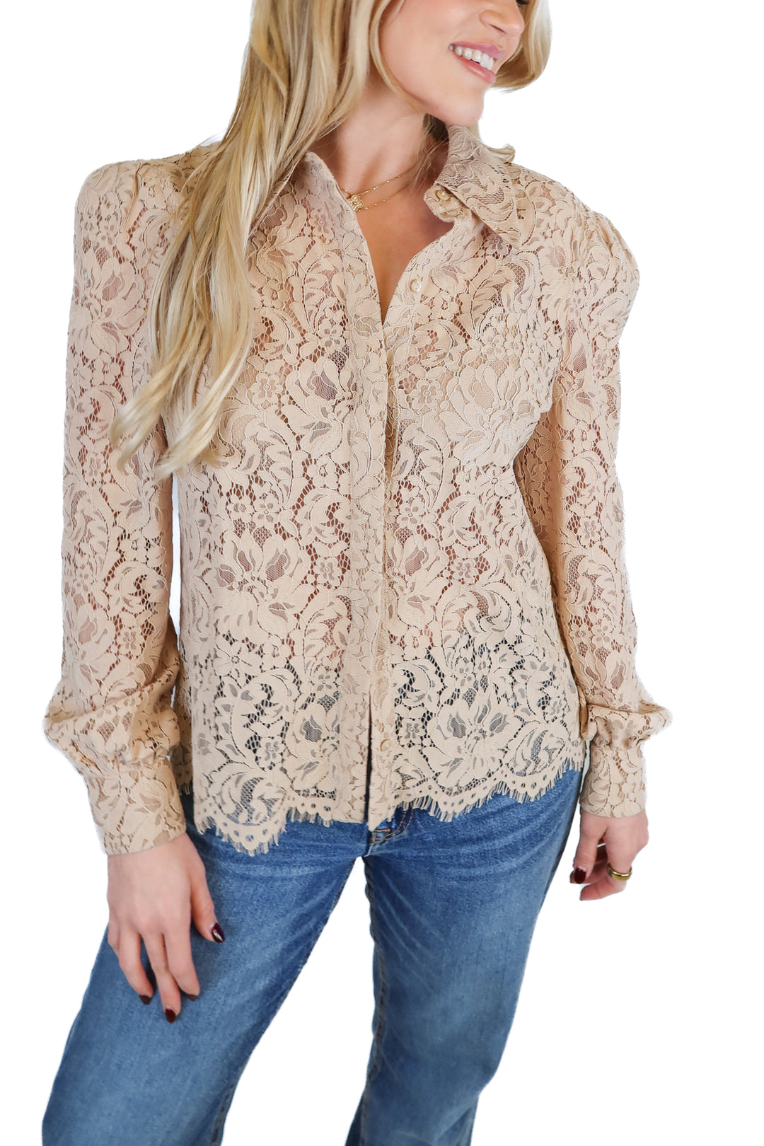 l'agence biege floral lace button up (S; retails for $375)*