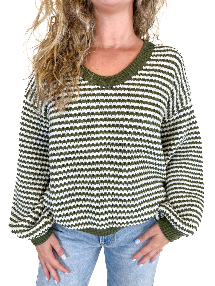 Petal + Pup Olive Crewneck Waffle Stitch Stripe Knit Sweater (S)