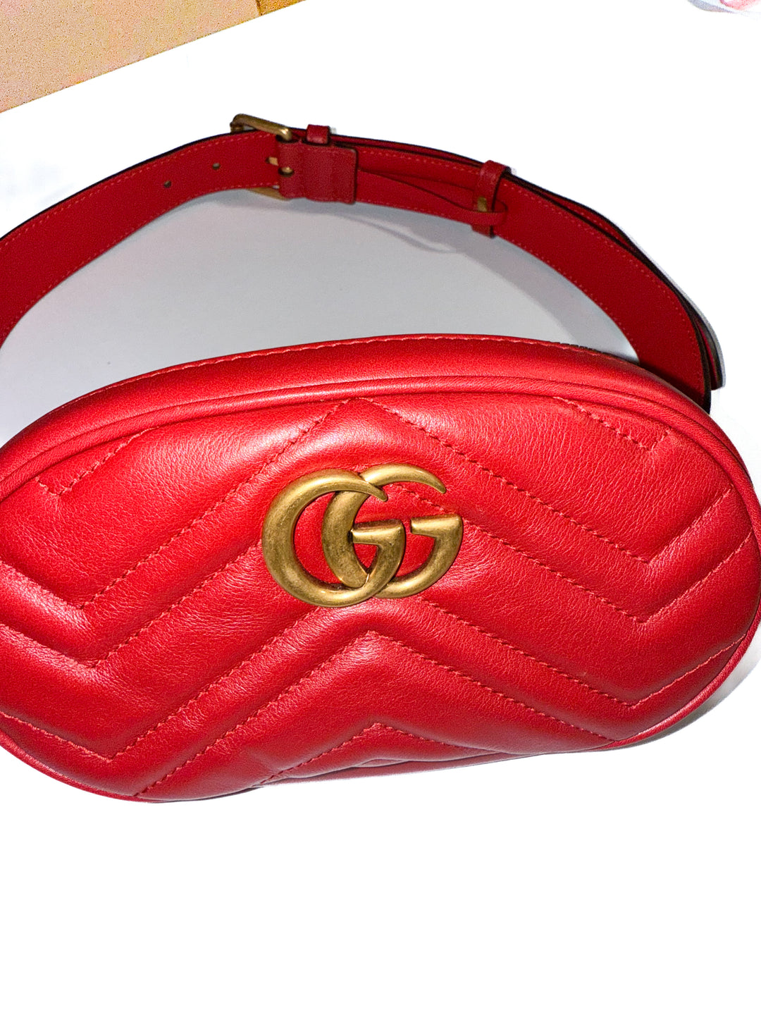 Gucci Calfskin Matelasse GG Marmont Belt Bag in Red (retail $1,500)