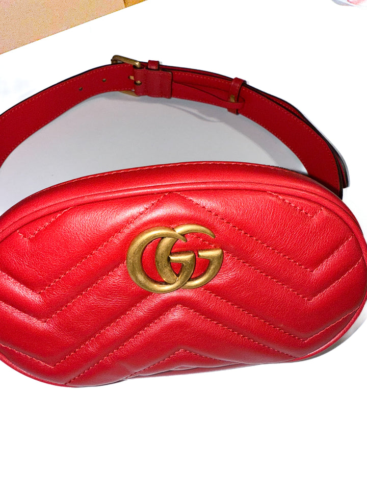 Gucci Calfskin Matelasse GG Marmont Belt Bag in Red (retail $1,500)