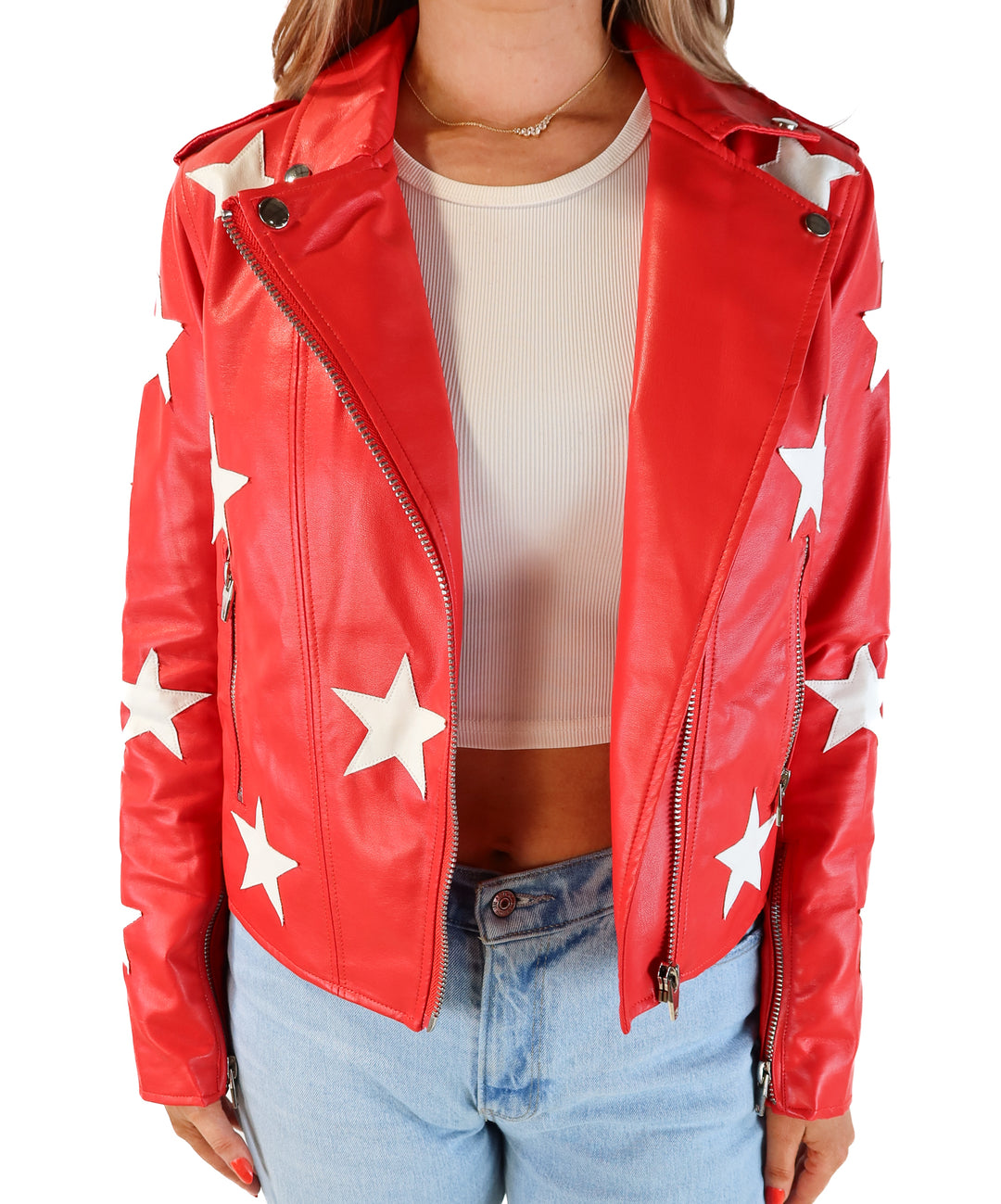 SOLD: Buddy love red with star vegan leather jacket (s; retail $134)
