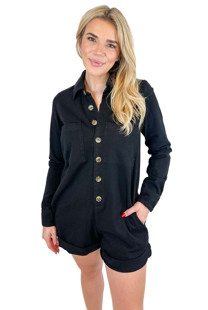 Show Me Your Mumu Black Oversized Denim Romper (XS)