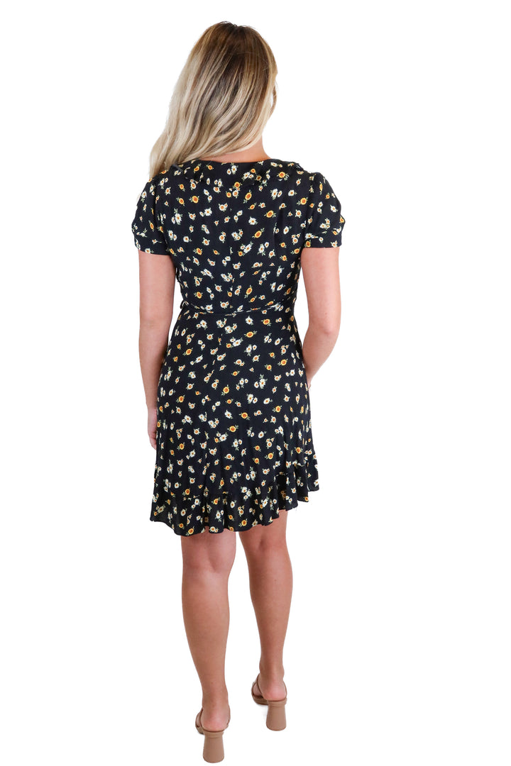 Forever 21 Black Floral Ruffle Wrap Dress (S)