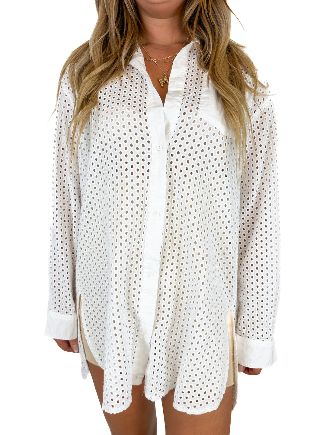 Shirty White Eyelet Long-Sleeved Button Down (L/XL)