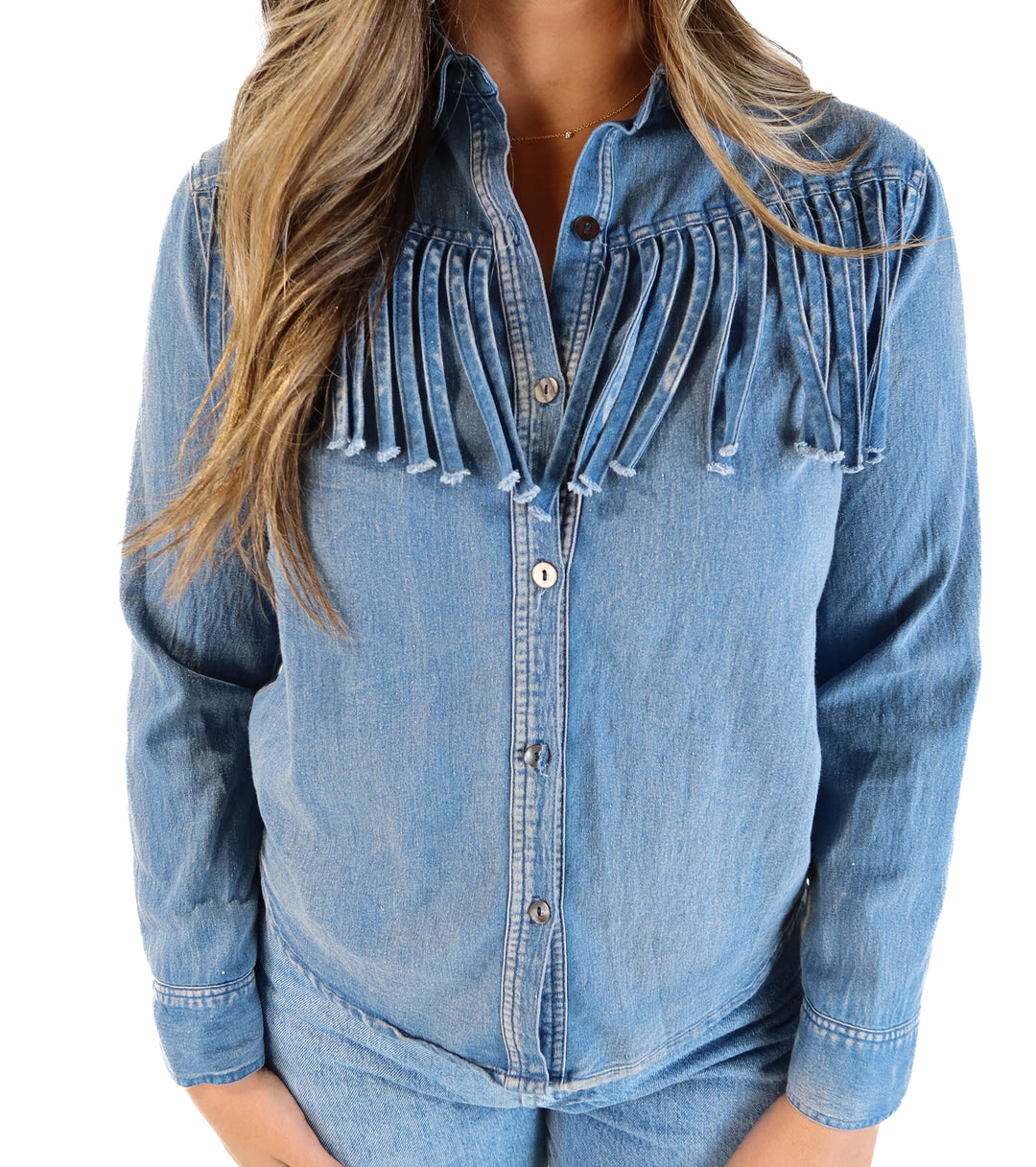 Molly green ‘denim’ fringe button up (s; retails for $80)